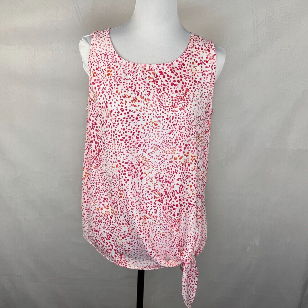 Rachel Zoe Women Sz M Top Round Neck White Red Orange Dots Abstract Sleeveless
